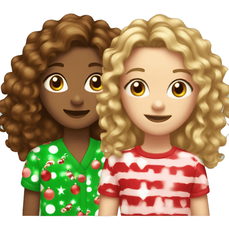 3 girls in Christmas pjs. Tallest with brown curly hair, middle with brown hair, and youngest with blonde hair. emoji