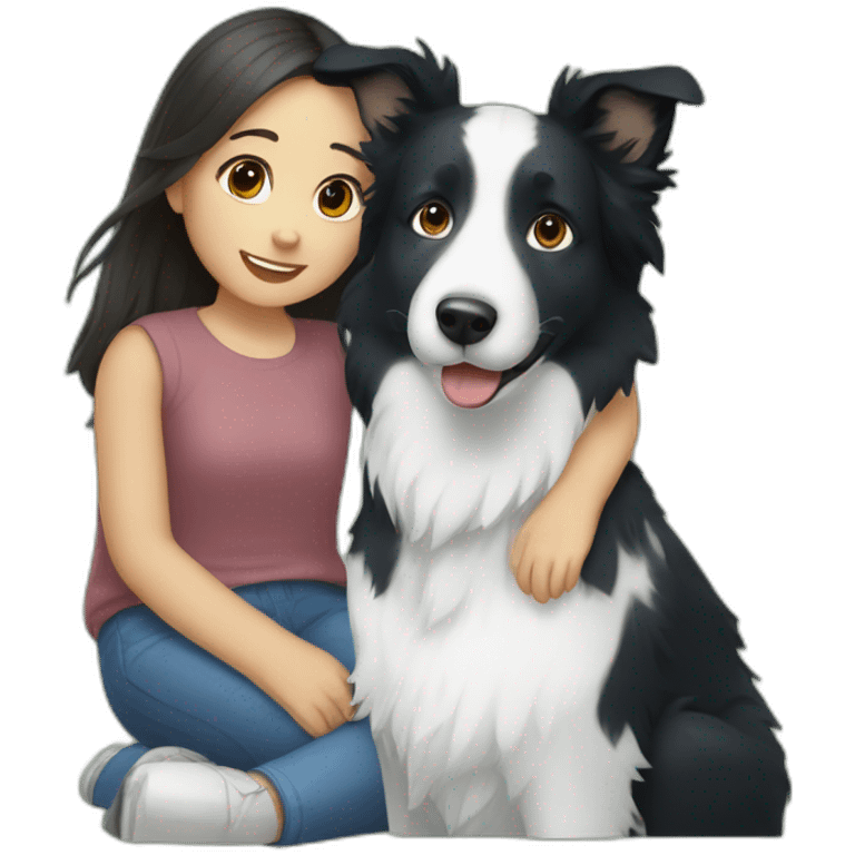 A girl sits with a adult Blue and white border collie emoji