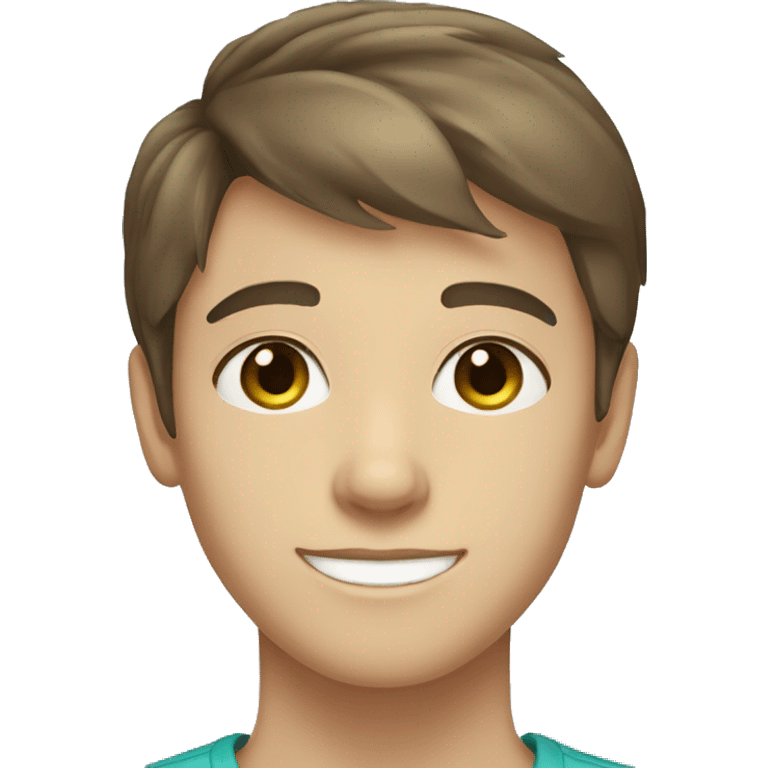 Brown hair teen boy with medium short hair, blue-greenish eyes smiling emoji