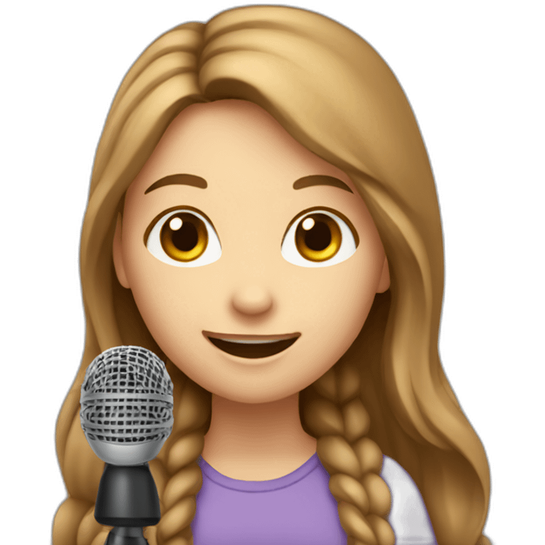 Caucasian girl with long Brown hair holding a michophone singing happy emoji