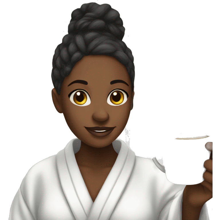 Black girl selfie in bathrobe with cup emoji