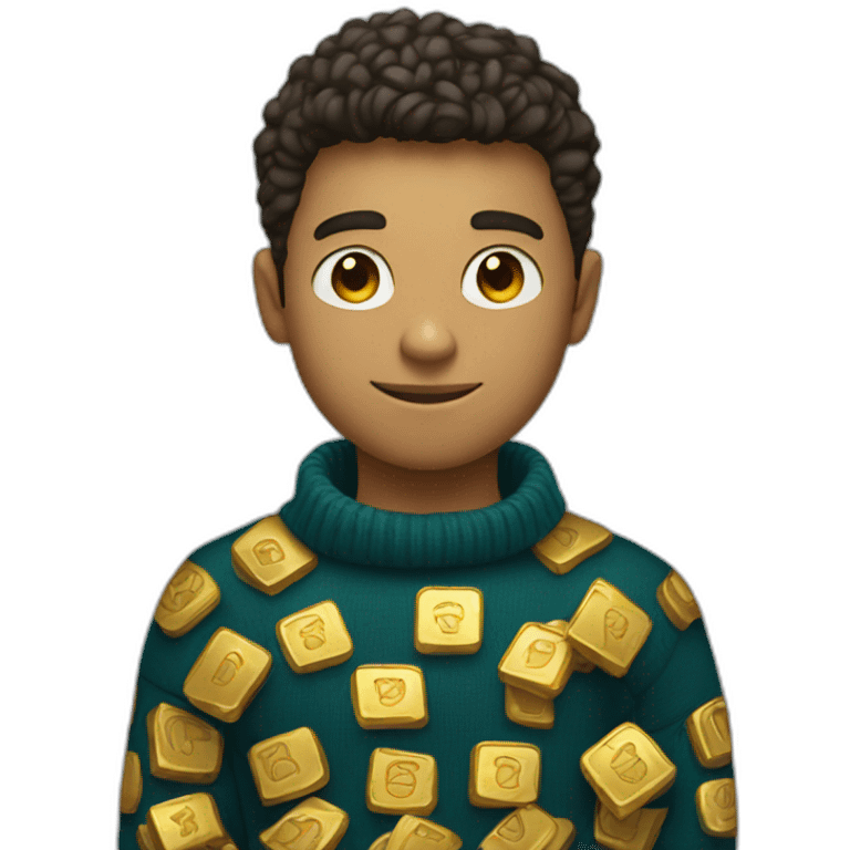 make a young man with a sweater who holds a lot of gold in one hand and has the linkedin logo in the other emoji