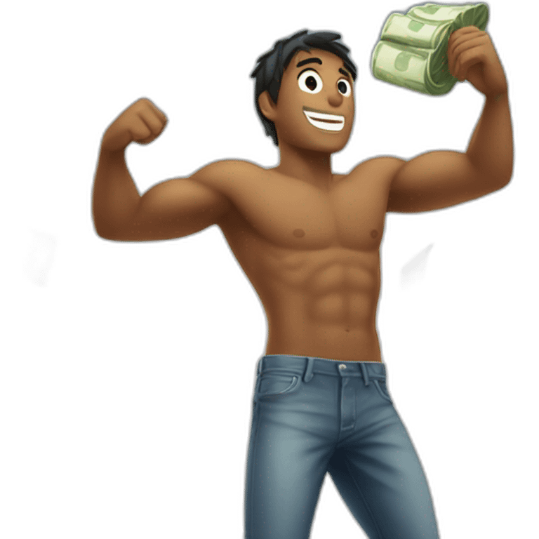 Shirtless guy dancing under raining money  emoji