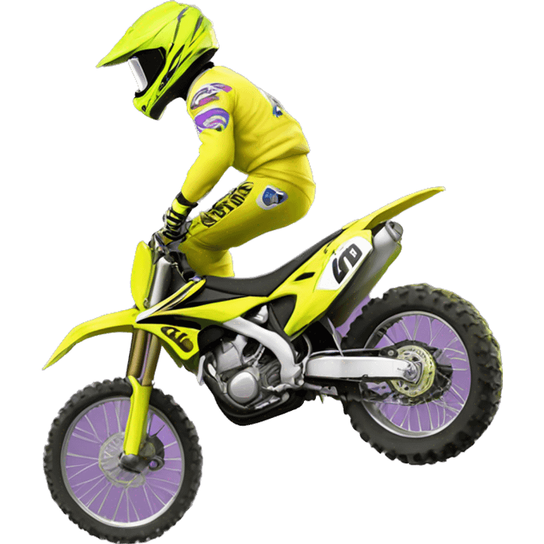 Motocross rider with yellow Fluor motorcycle flying over the jump  emoji