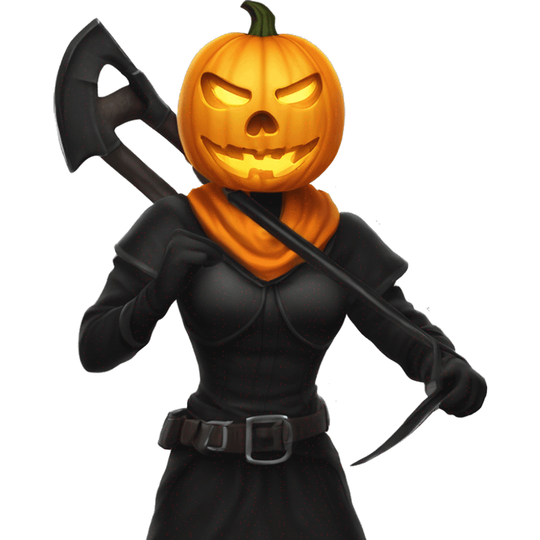 Human female pumpkin hunter with a scythe, glowing pumpkin eyes inside a black helmet, Halloween theme, emoji emoji