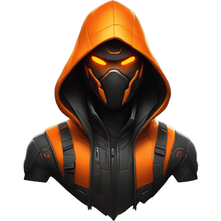  developer behind his laptop with this style : crysis Cyberpunk Valorant orange glowing bright orange character orange black hooded assassin themed character emoji