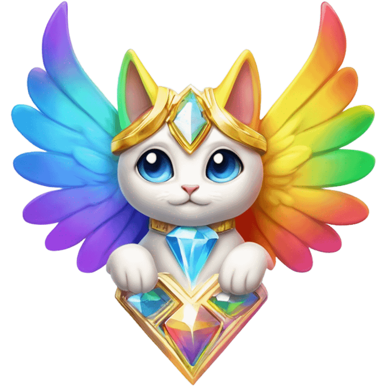 Transcendent Heavenly Rainbow 4d Diamond ultra mega surpream Omni-Cat God with wings and a ring around its body and another ring above it’s head full body emoji