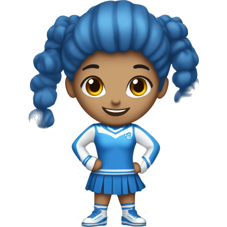 A full-length cheerleader girl in a blue suit with white and blue pompoms. Energetic and cheerful emoji