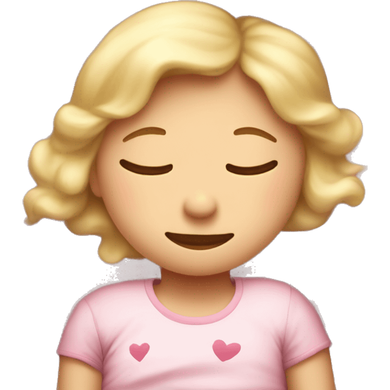 A blond girl sleeping in a bed, the bed sheets have pink really tiny hearts  emoji