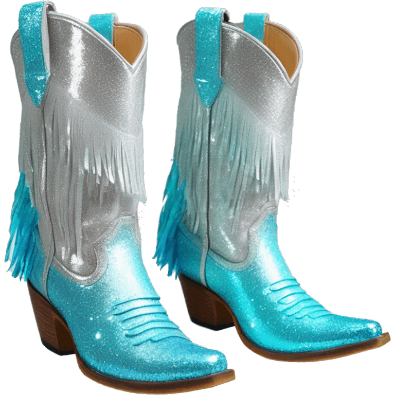 Realistic silver and robins egg blue ombre pair of fashion cowgirl boots with sparkly shiny glitter fringe on them. emoji