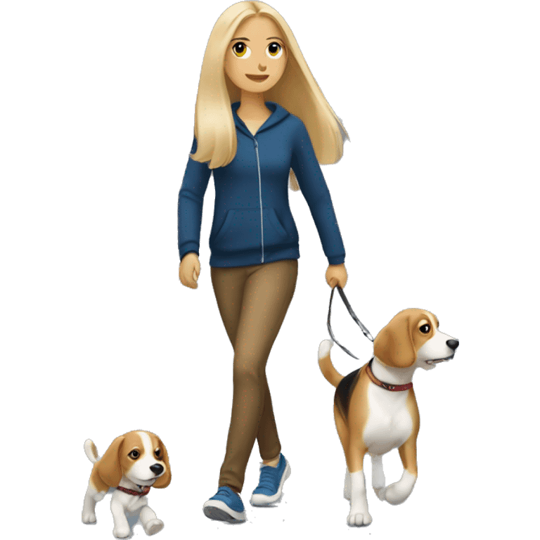 Blonde girl with long hair walking with a beagle emoji