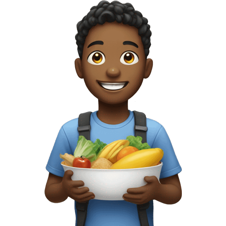 smiling boy with food indoors emoji