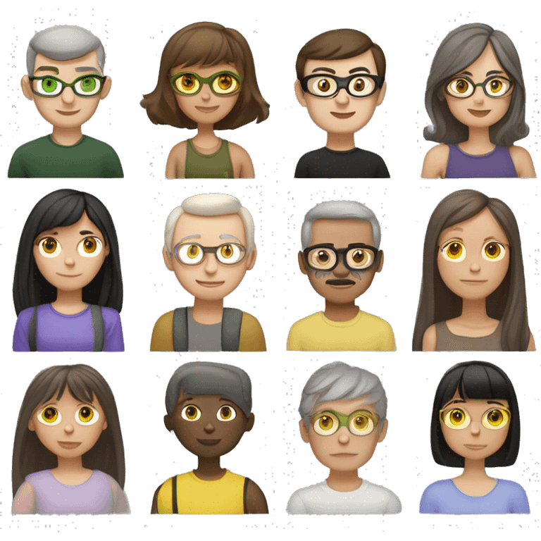 mum (warm grey medium-length hair, olive skin, green eyes), dad (light brown hair, no facial hair, glasses, grey eyes, fair skin), adult daughter (hazel eyes, very pale skin, cool dark brown long hair with full bangs), two black cats with yellow eyes emoji