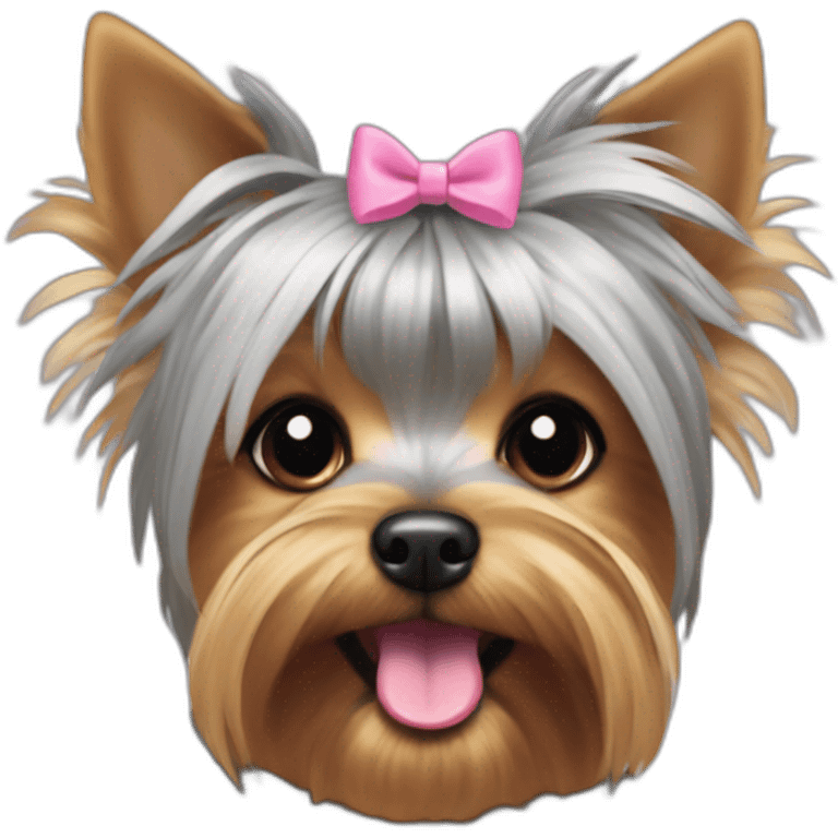 yorkshire terrier with grey hair with the tongue and two little pink hair-bow on the head emoji