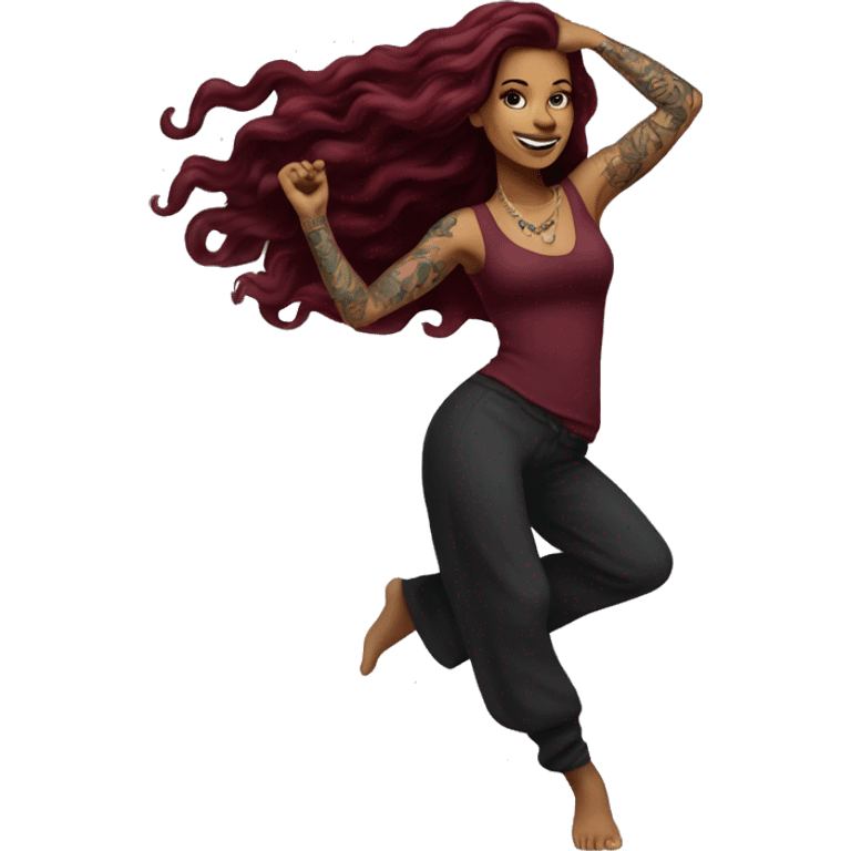 Beautiful tattooed burgundy long haired woman dancing emoji