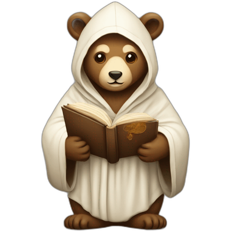 Bear monk in hooded robe and with old book emoji