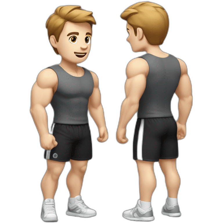 Close up Actively gesturing  with hands Pale skinned Fit Man With the biceps and brown hair in dark gray Sleeveless Mike, black oversize sports shorts, watch and white Sneakers emoji