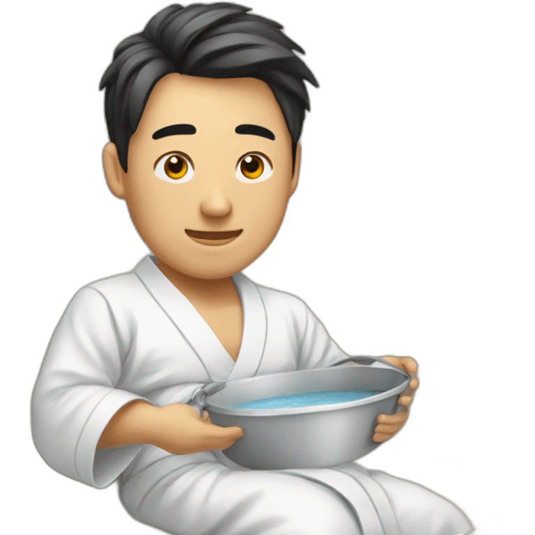 A Korean man in a bathrobe on the couch with a bucket emoji