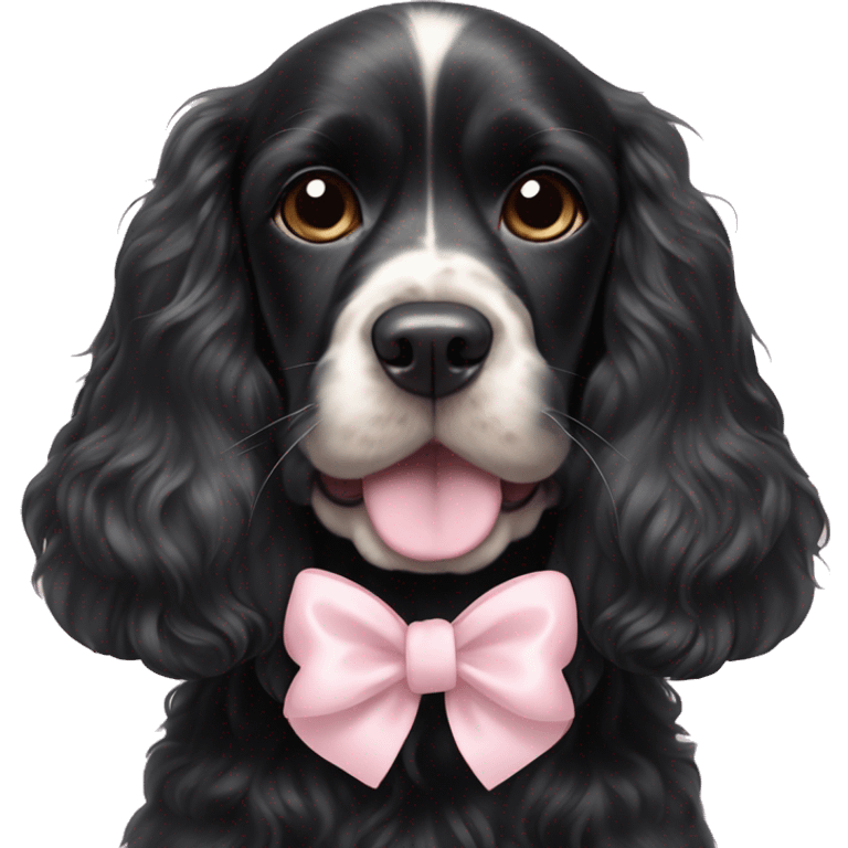 Black American cocker spaniel  with a cute face and a light pink bow as the collar ￼ emoji