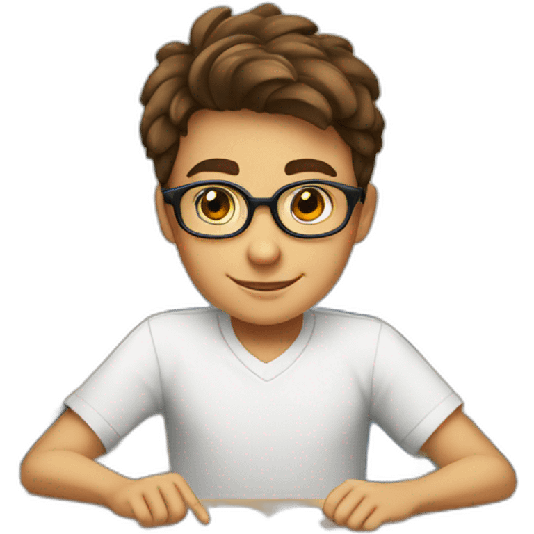 a 12-year-old boy with brown hair and gray eyes wearing glasses and a white shirt is sitting at a desk at school emoji