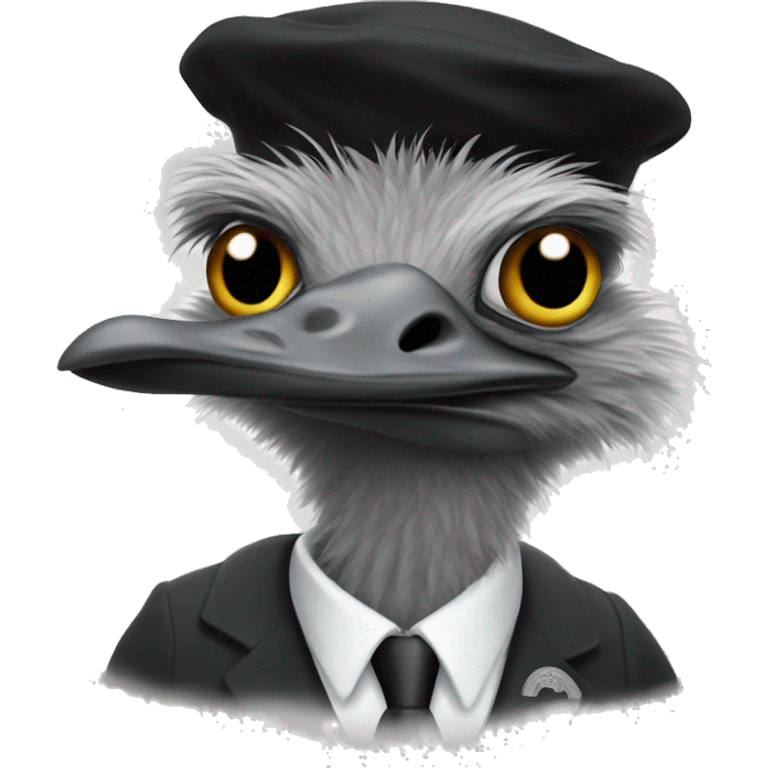 Emu with a black beret with the office of the judge advocate seal behind emoji