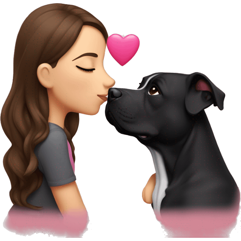 Brunette kissing big black pitbull dog, pink hearts emoji