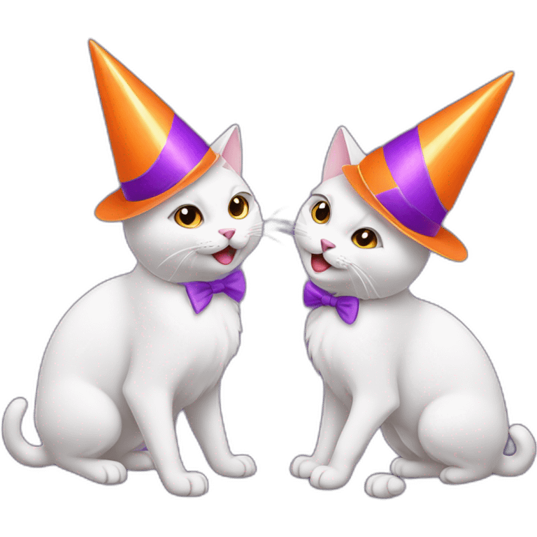 two white cats fulll body dancing with orange and purple party hats on emoji