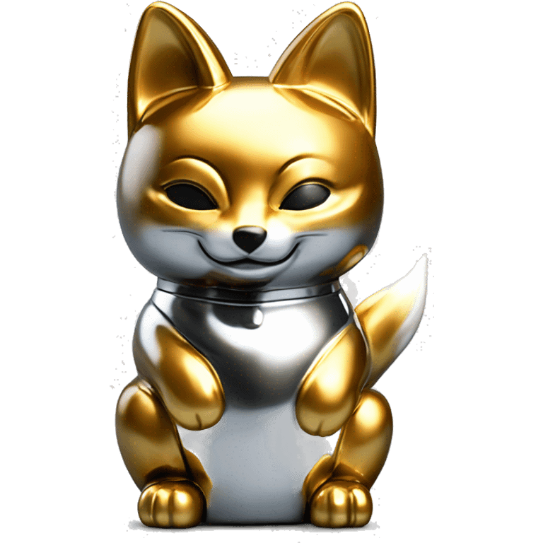 fully chrome fox statue in the form of maneki neko emoji