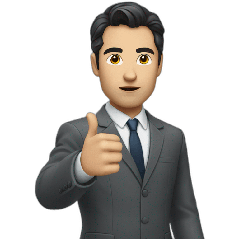 man with dark hair in gray suit pointing finger serious face emoji