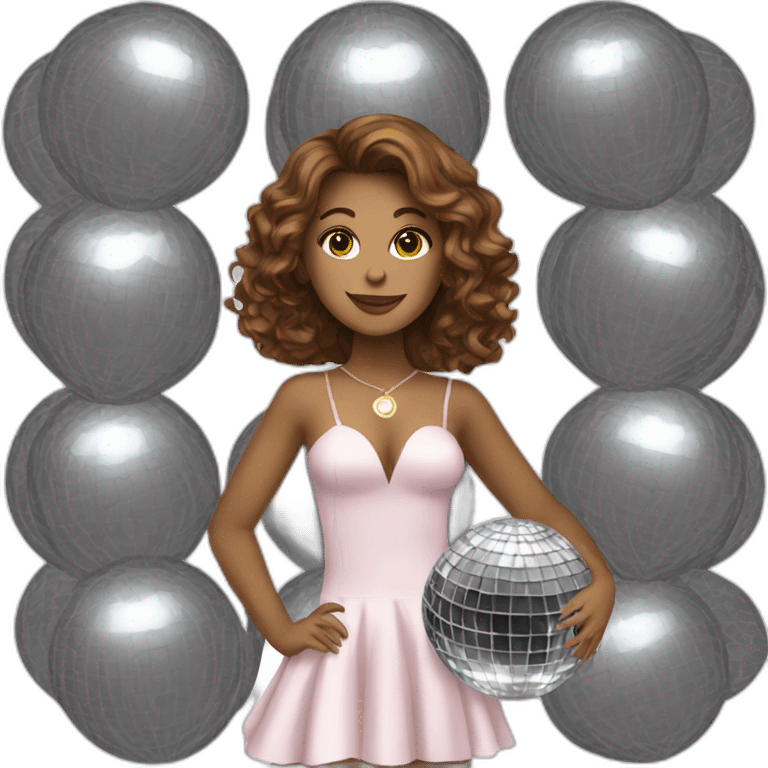 female with brown wavy hair dressed in a party dress and disco ball emoji