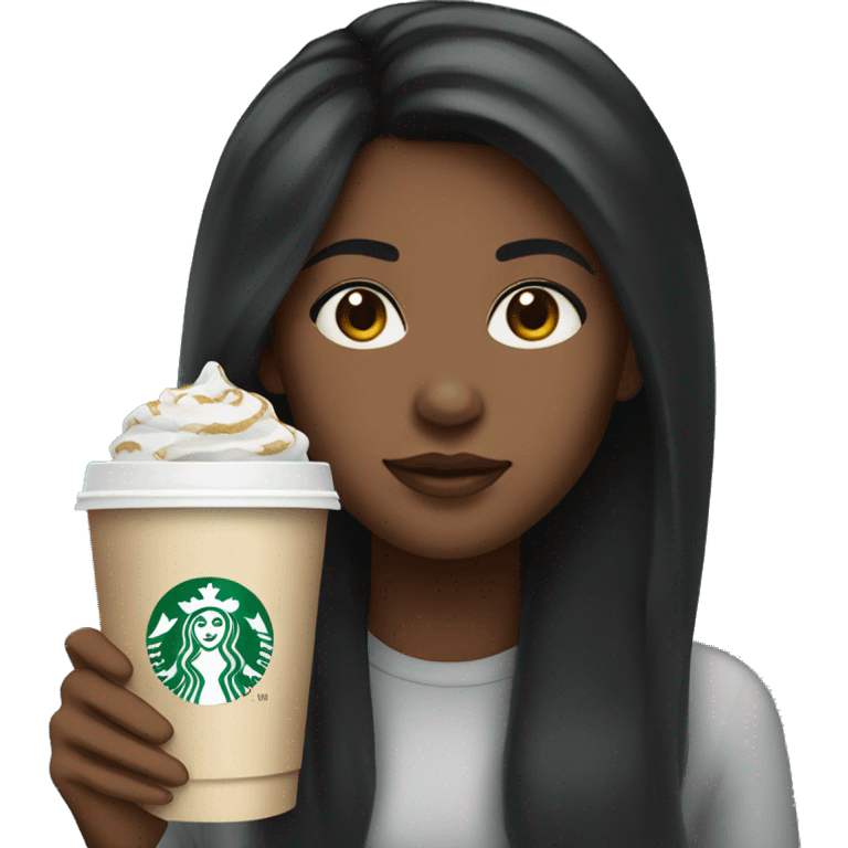 African American girl with straight black hair holding Starbucks emoji