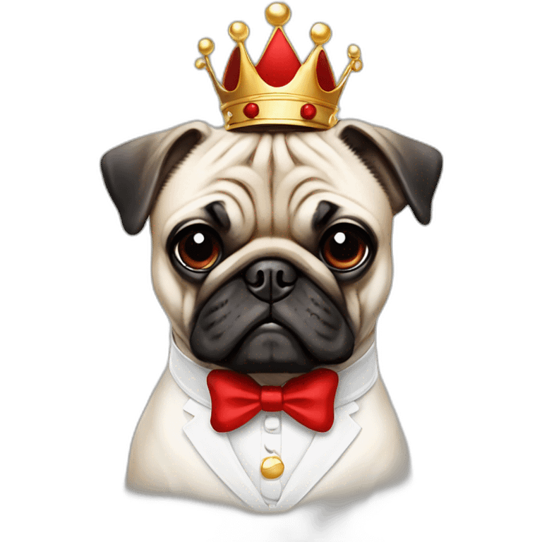 A dog (pug) with a crown in a white suit and a red bow an black baces emoji