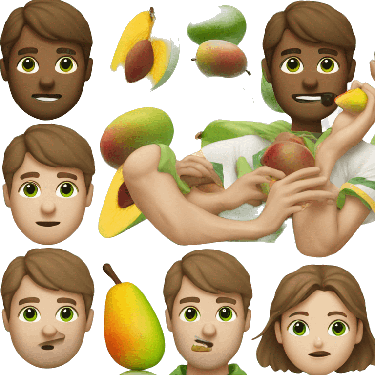 brown hair green eyes man eats mango emoji