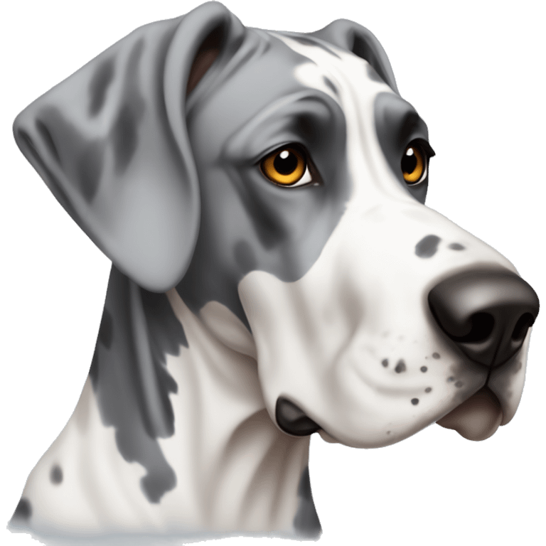 Gray and white harlequin Great Dane with one blue eye and one brown eye emoji