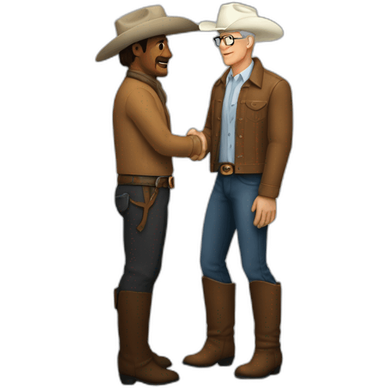 Tim Cook in turtle neck shaking hands with a white male cowboy emoji