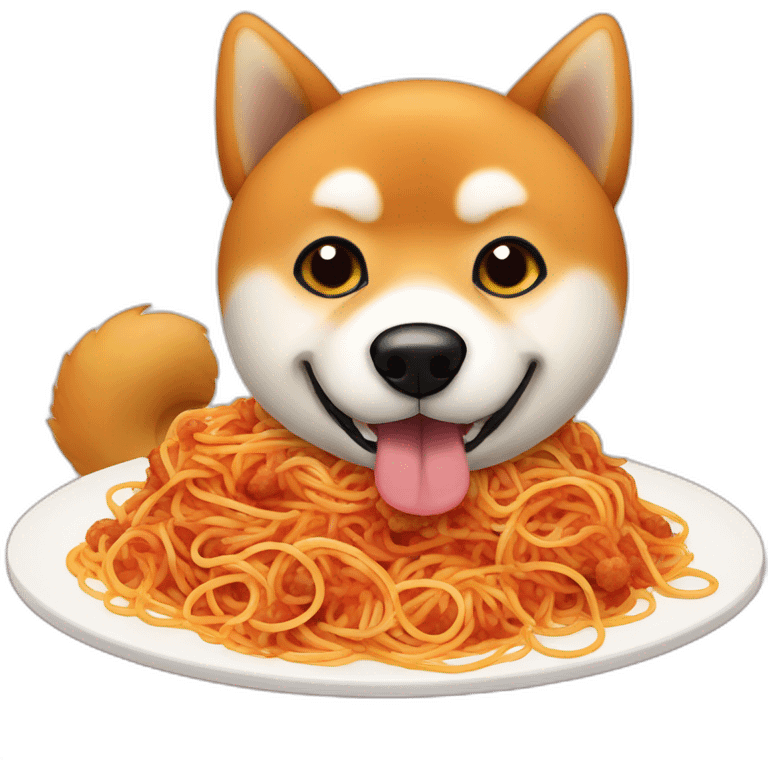 A Shiba Inu who eats spaghetti Bolognese with meatballs on a plate emoji