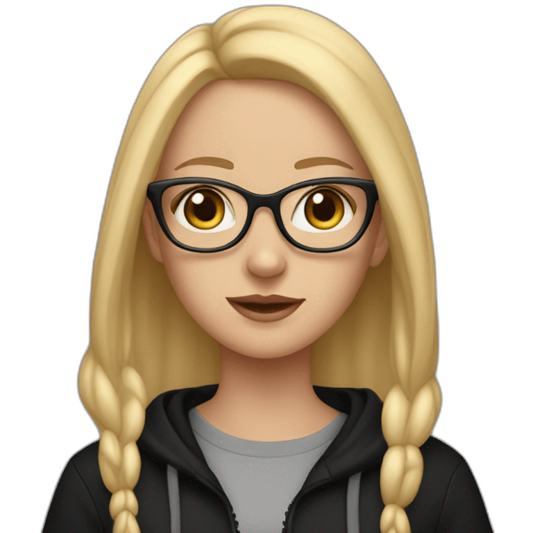 white girl with glasses and long blonde hair and black hoodie and a red doberman emoji