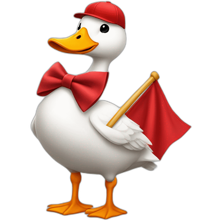 White goose wearing a red baseball cap and, bow tie on neck, holding big red flag, whole body emoji