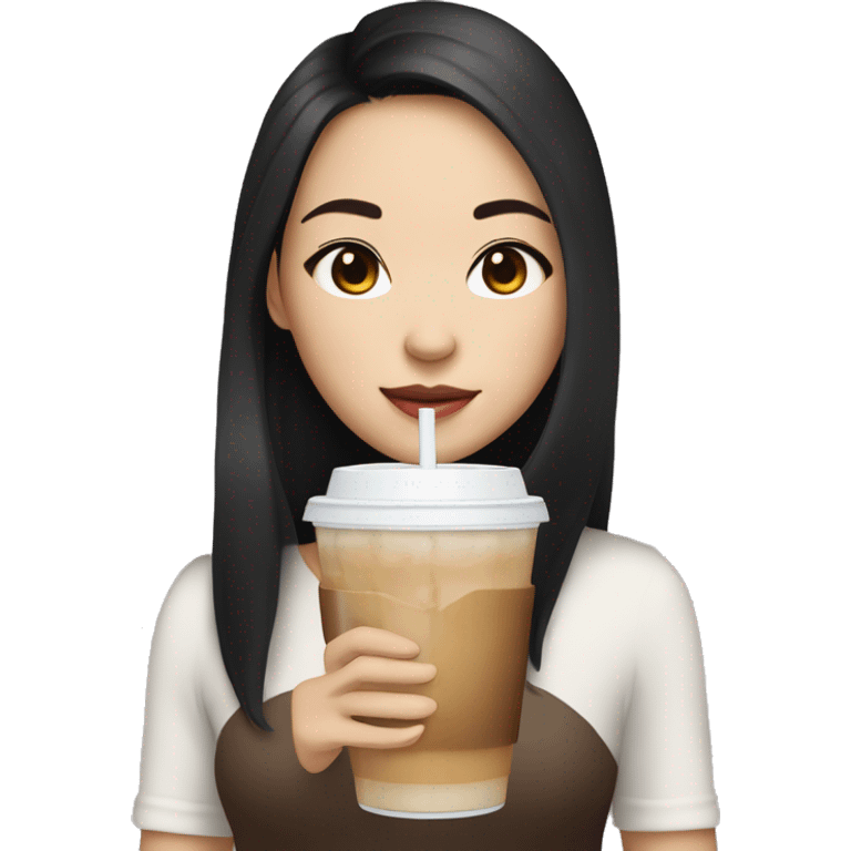 asian girl with fair skin and dark hair, full lips and doe eyes holding an iced coffee emoji