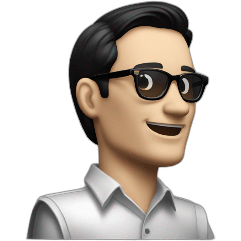 small photo realistic right arm waving not smilling Ralf Hutter from Kraftwerk, short straight black hair, Dark Brown eyes, black glasses, thin, black shirt, left side view emoji