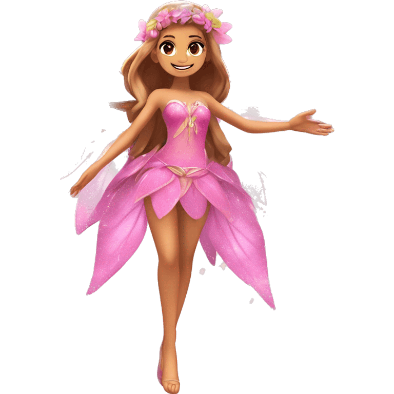 Flora the adult latina fairy of nature in her enchantix fairy pink clothing and fairy enchantix wings and long light brown hair from winx club. Small eyes, Lots of sparkles and fairydust. Full body and full fairy bliss emoji