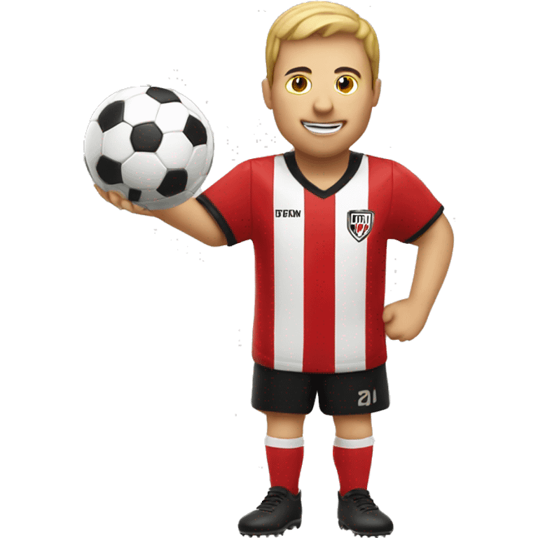 Scoring soccer goal wearing red and black stripe jersey emoji