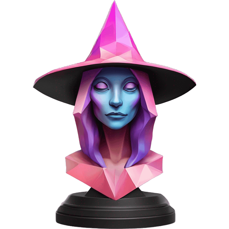 standalone sculpture Mage Witch Hat is geometric, faceted design. The sculpture is standing upright on a base with angular and Alphonse Mucha style. The vibrant midtone tints of pastels and pink highlights the sharp edges and planes.  emoji