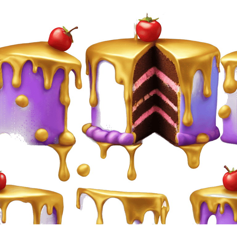 Realistic isolated colorful cake with metallic gold icing dripping from top and all down along the cake emoji