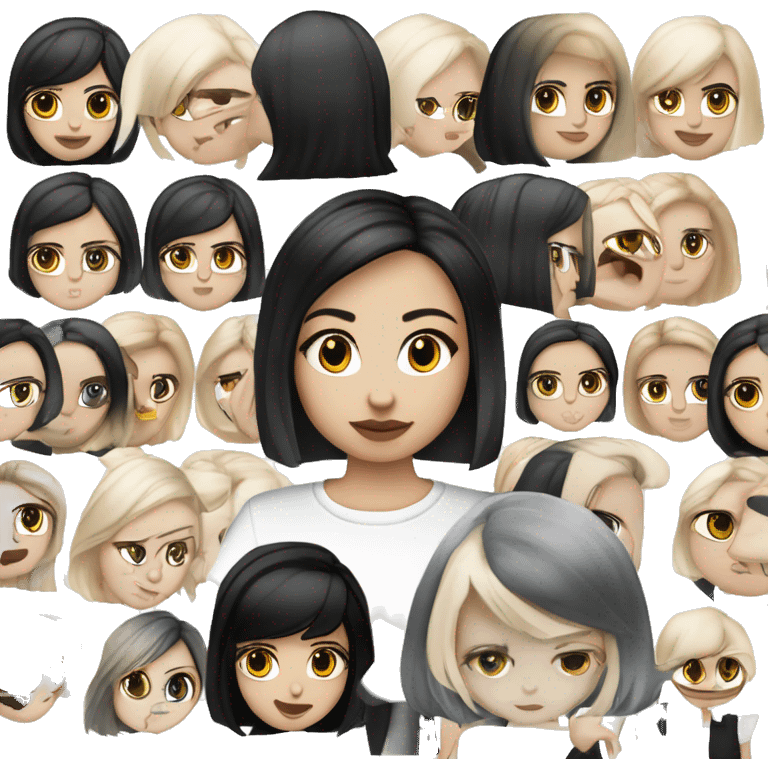 Slavic adult woman, goth eyes makeup, blue eyes, medium bob black-to-blonde ombre straight hair, white T-shirt and black office jacket. emoji