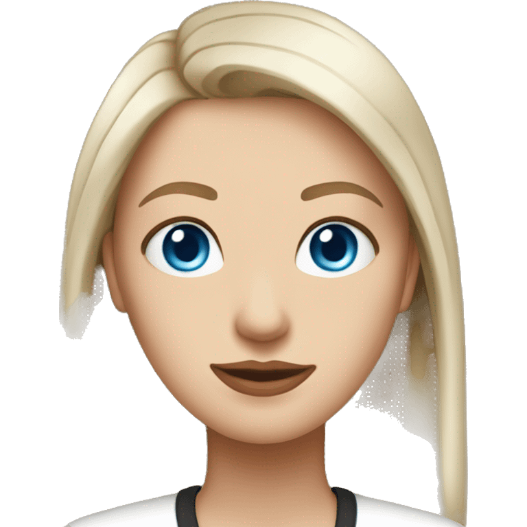 Slavic woman with blue eyes, fair skin, straight streaked hair of medium length, makeup on her eyes, dressed in a white T-shirt and a black jacket. emoji