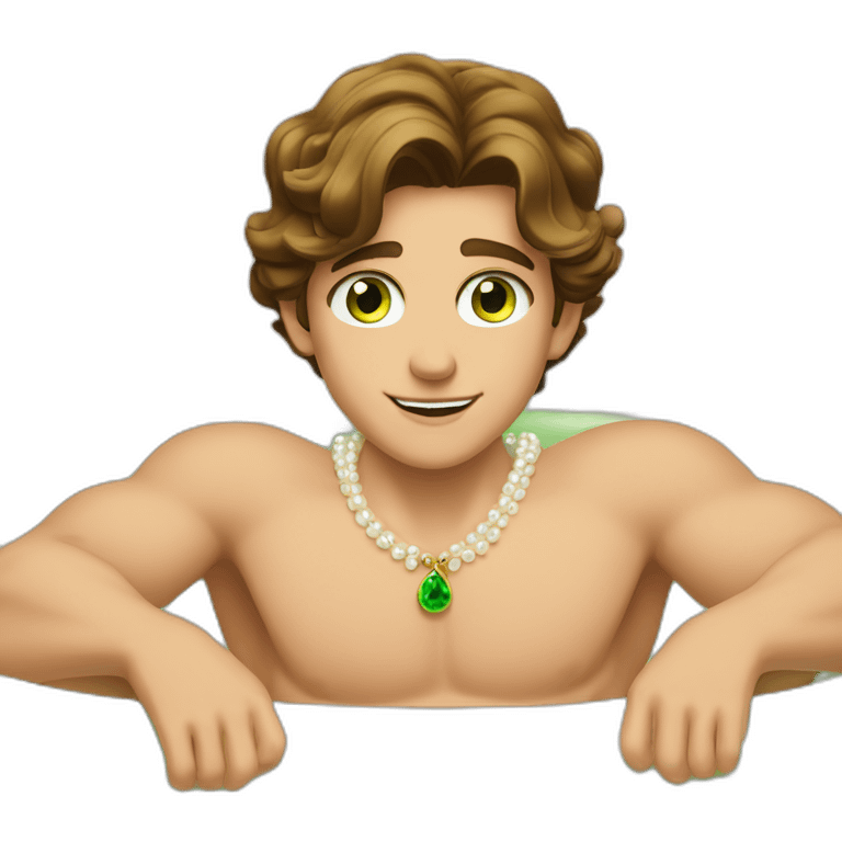 Posh-muscle-boy-brown-hair-green-eyes-pearl-necklace-in-golden-bathtub emoji