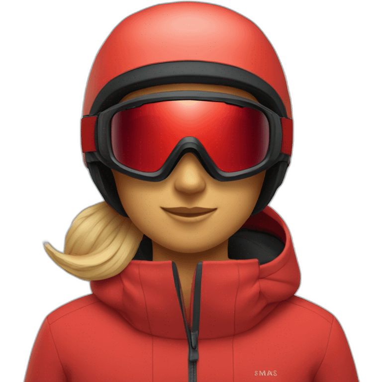 Red ski outfit with black mask and ski goggles emoji