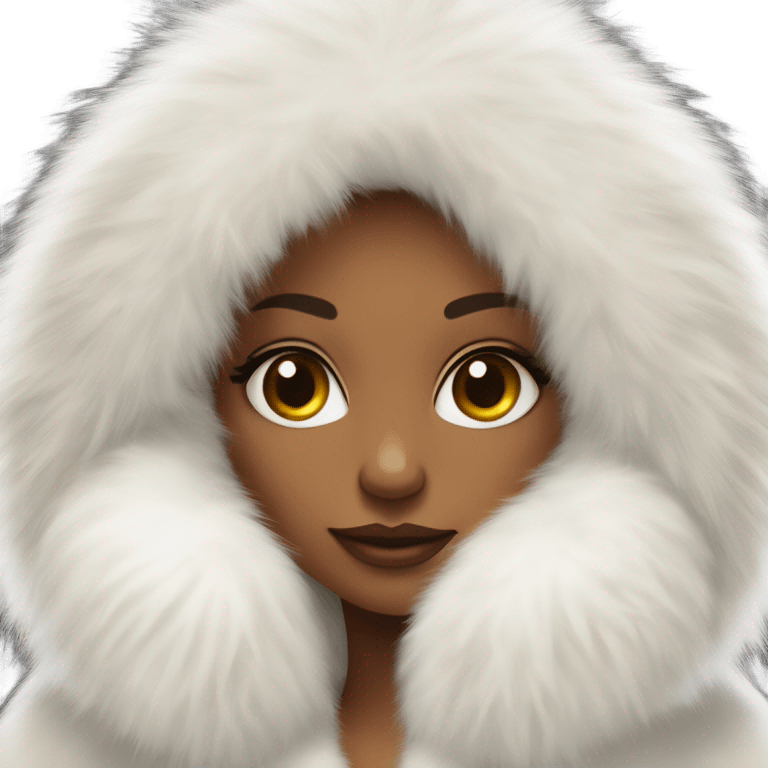 Tanned Girl with lashes ,  in an extremely big fluffy oversized white fur coat with hood on. The fur is real and it’s very obvious big and fluffy like in Pinterest  emoji