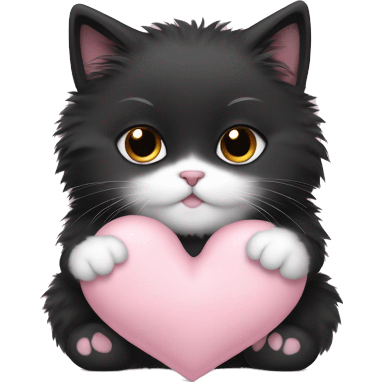 black fluffy fat kitten holding pale pink heart emoji